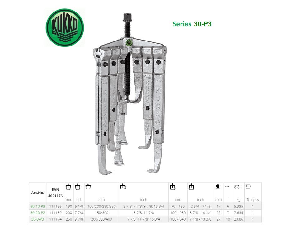 Universeel 3-armige trekker-set 130x100/200/250/350mm Kukko 30-10-P3