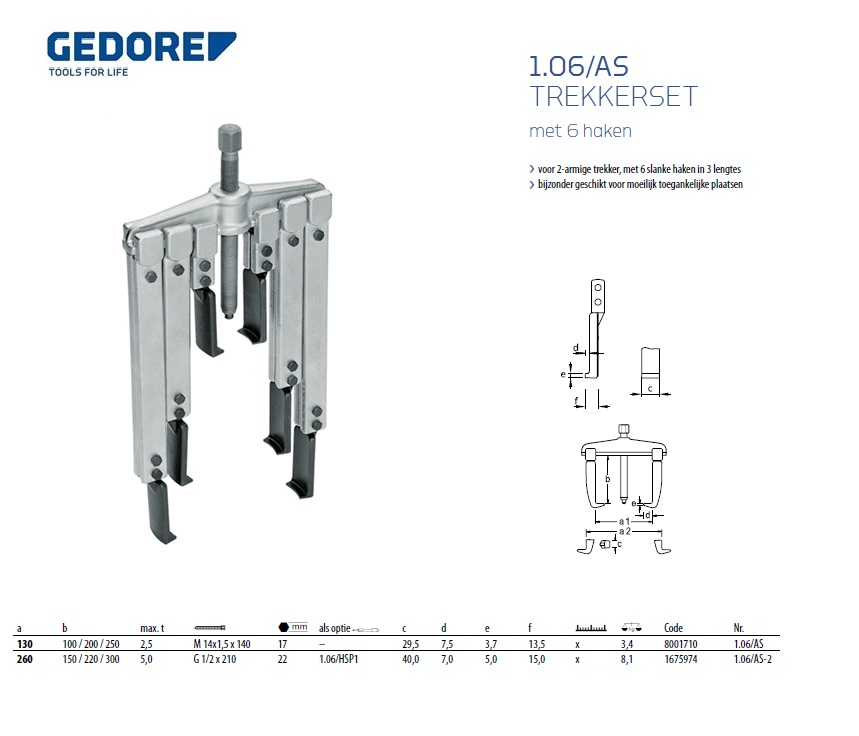 Trekkerset met 6 haken 130x100/200/250 mm