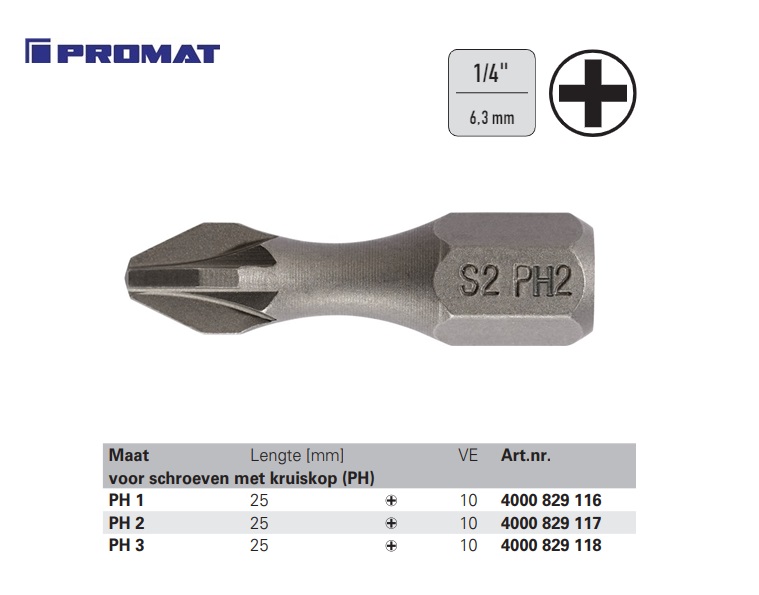 Kruiskop Bit met torsiezone PH 1x25mm C6,3 | DKMTools - DKM Tools