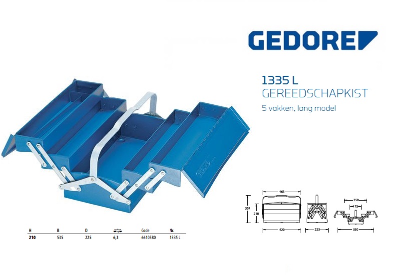 GEDORE Gereedschapkist leeg, 5 vakken, 210x535x225 mm