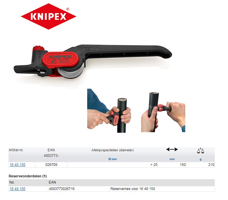 Striptang voor ronde kabels van 25mm Knipex 16 40 150