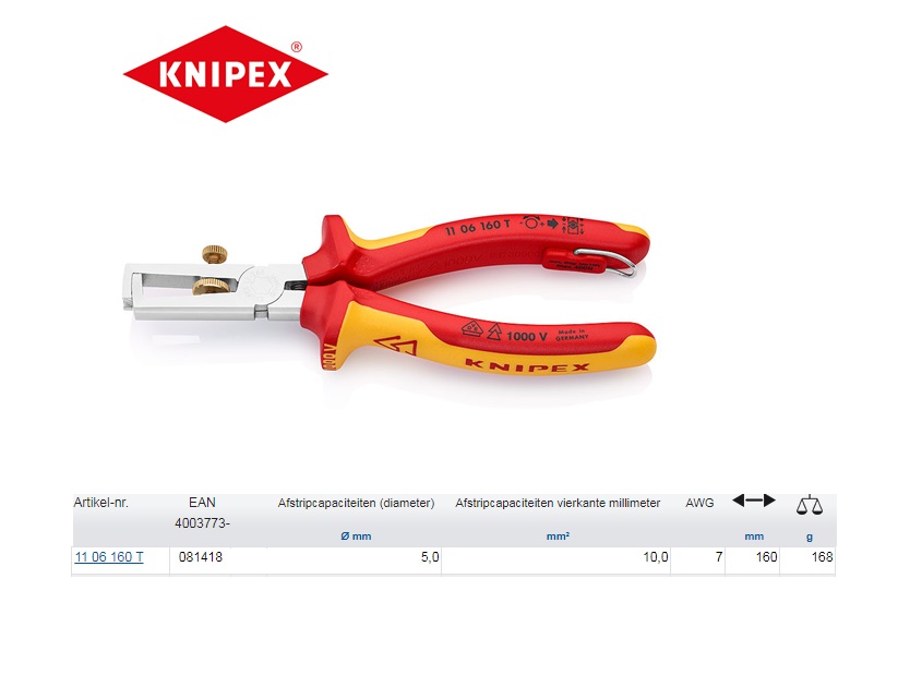 Knipex VDE-afstriptang 160mm 11 07 160 | DKMTools - DKM Tools