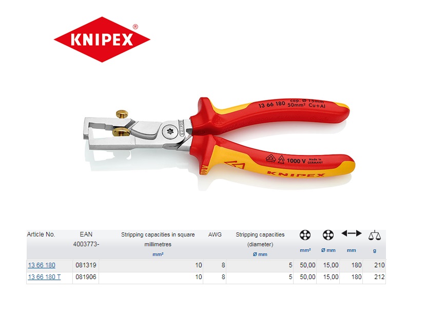 Knipex StriX VDE Afstriptang met kabelschaar 180mm 13 66 180 T | DKMTools - DKM Tools