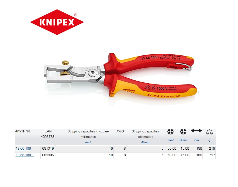 Knipex StriX VDE Afstriptang met kabelschaar 180mm 13 66 180 T