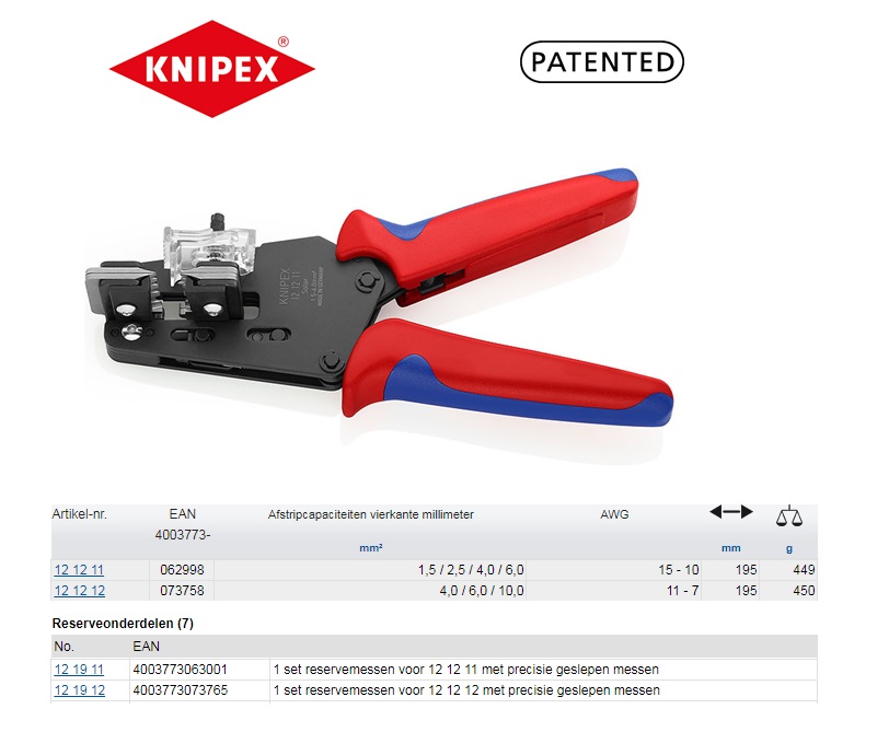 Knipex Precisie afstriptangen AWG 10 / 12 / 14 / 16 / 18 / 20 | DKMTools - DKM Tools