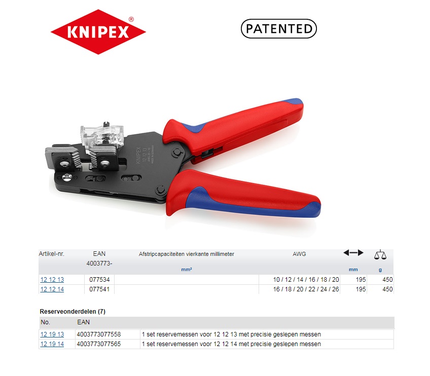 Knipex Precisie afstriptangen AWG 10 / 12 / 14 / 16 / 18 / 20