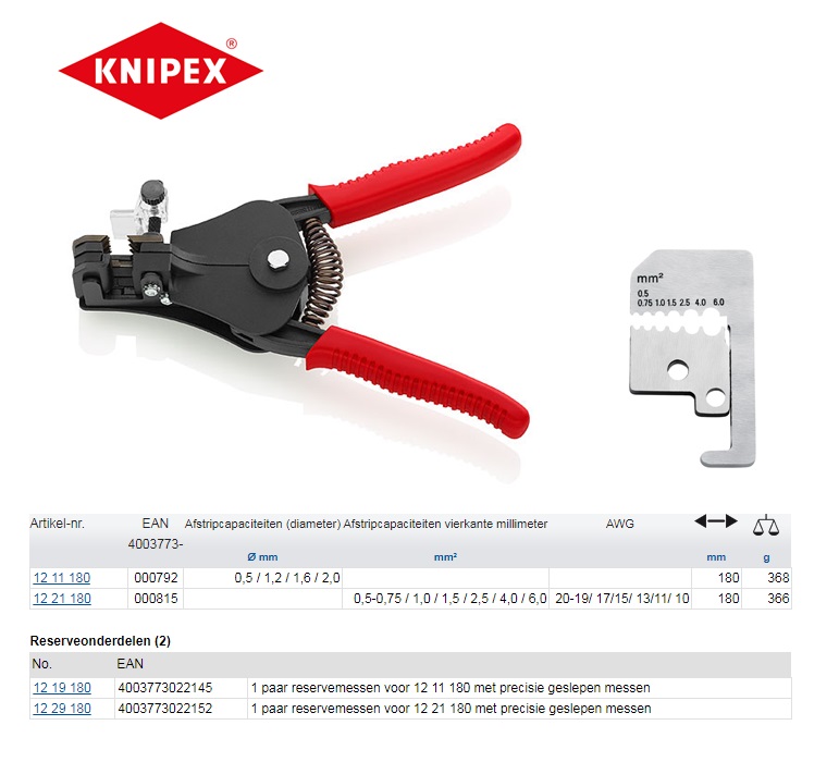 Knipex afstriptang 0,5-0,75 / 1,0 / 1,5 / 2,5 / 4,0 / 6,0 mm²