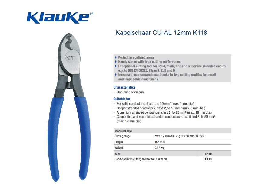 Klauke kabelschaar CU-AL 12mm K118