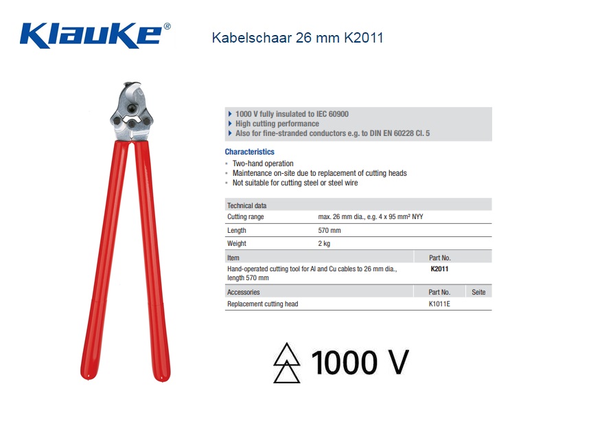 Klauke Kabelschaar 26 mm K 201/1