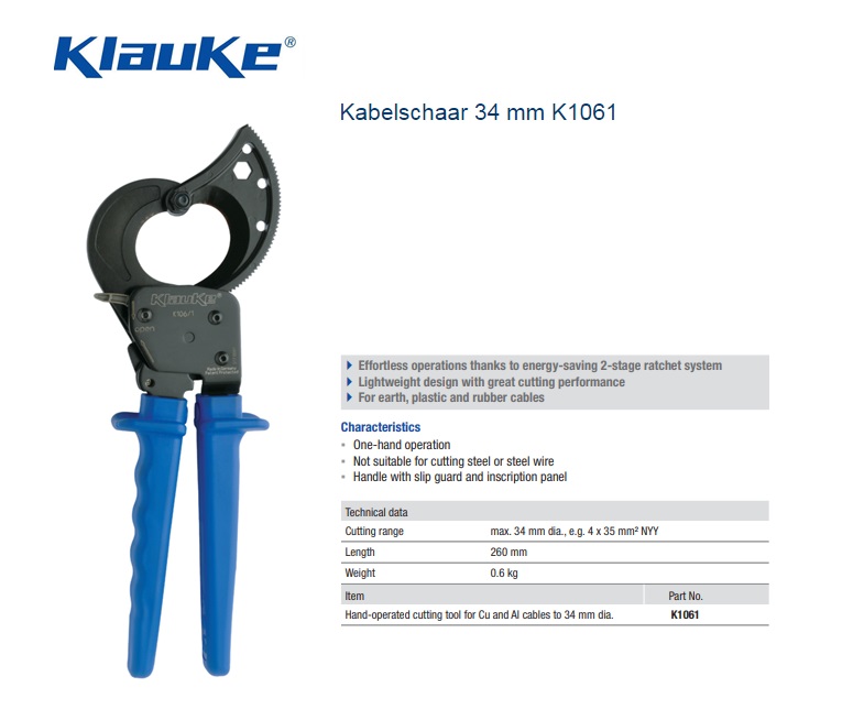 Klauke Kabelschaar 34 mm K 106/1
