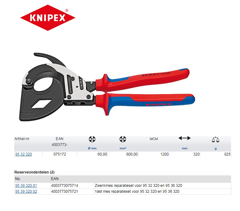 Knipex kabelschaar met ratel 250 mm 95 31 250 | DKMTools - DKM Tools