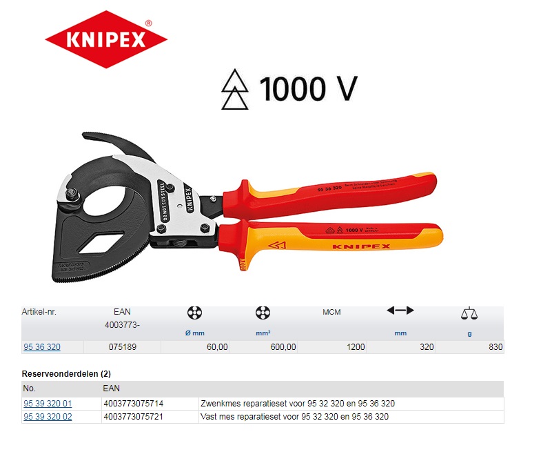 Knipex VDE kabelschaar met ratel 320 mm 95 36 320