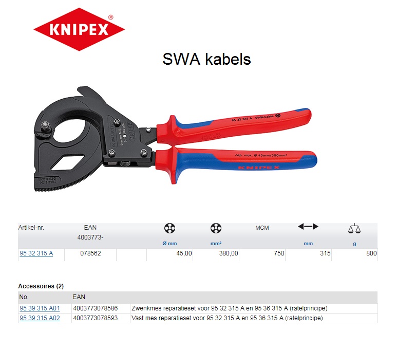 Knipex kabelschaar (SWA kabel) 315mm 95 32 315 A