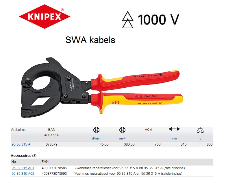 Knipex kabelschaar  (SWA kabel) 315mm 95 32 315 A | DKMTools - DKM Tools