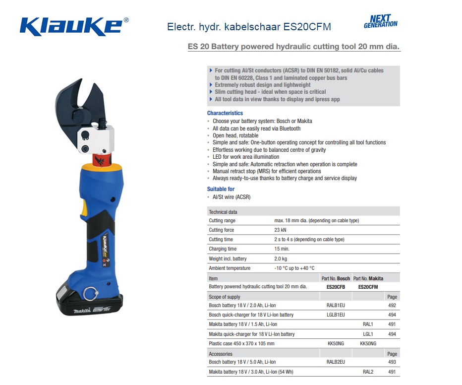 Klauke Electrisch hydraulische kabelschaar ES20CFM