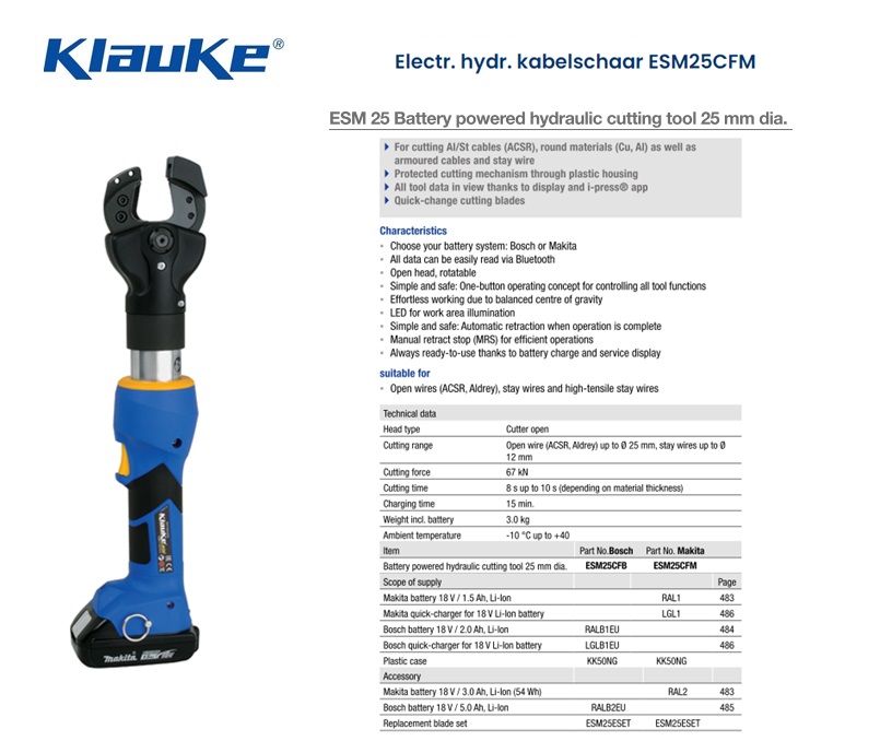 Klauke Electrische hydraulische kabelschaar ESM25CFM