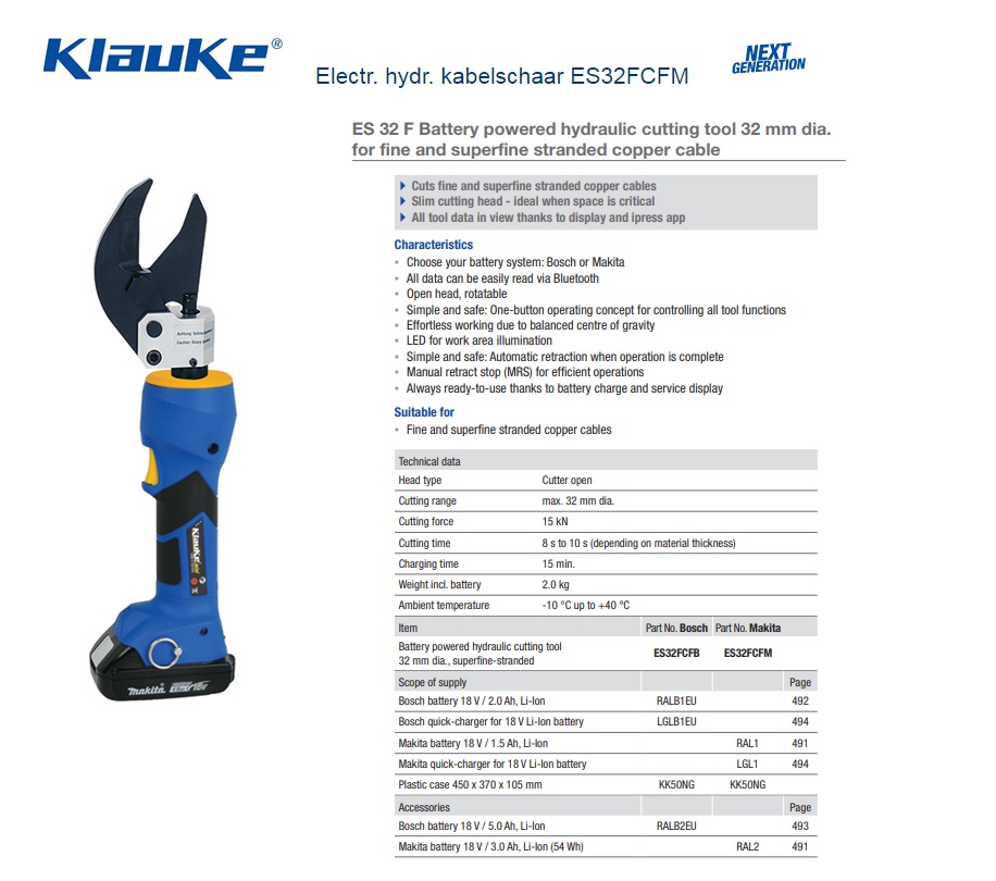 Klauke Electrisch hydraulische kabelschaar ES32FCFM