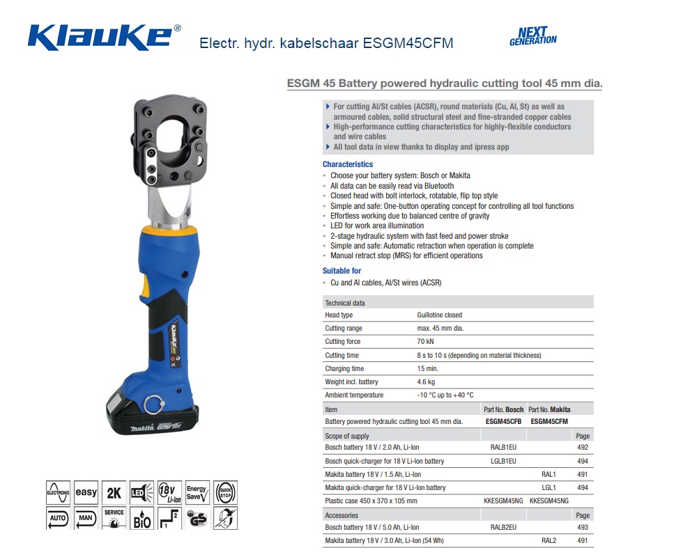 Klauke Electrisch hydraulische kabelschaar ESGM45CFM
