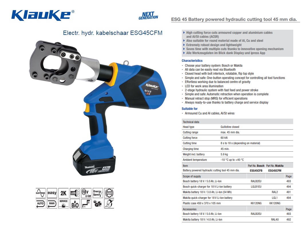 Klauke Electrisch hydraulische kabelschaar ESG45CFM