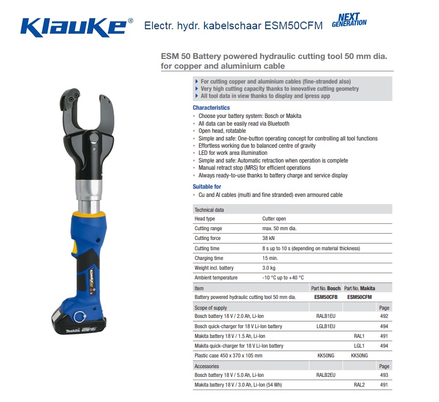 Klauke Electrisch hydraulische kabelschaar ESM50CFM