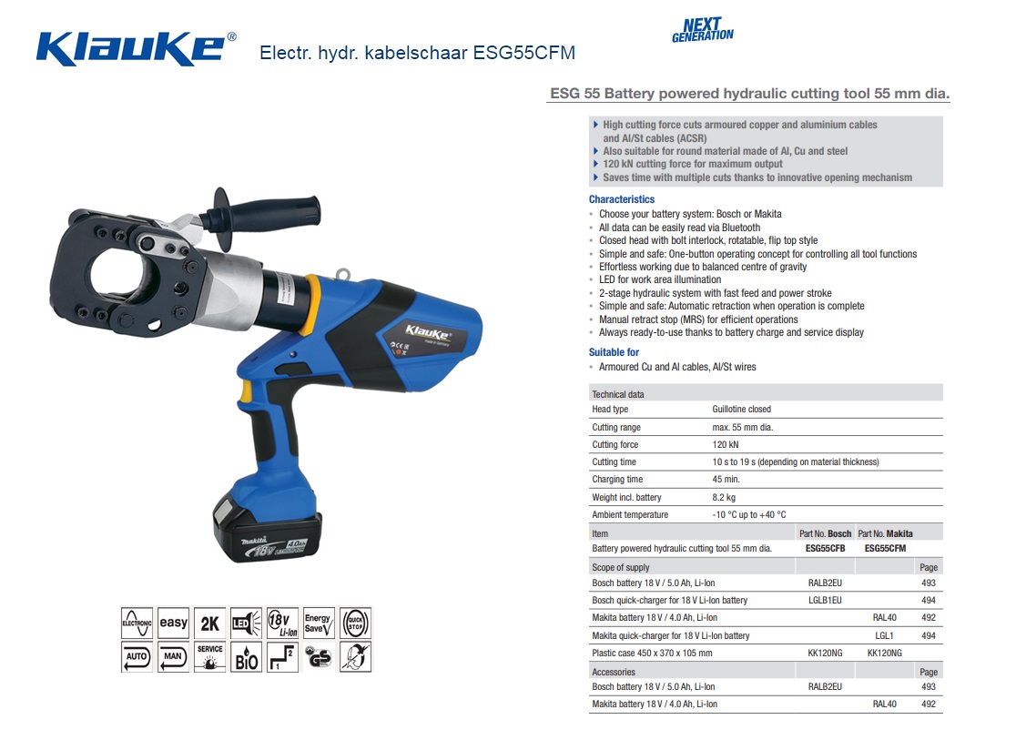 Klauke Electrisch hydraulische kabelschaar ESG55CFM