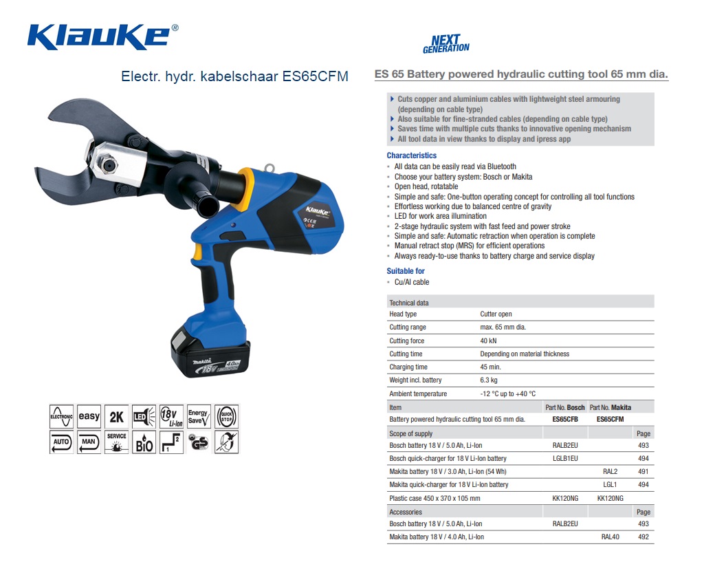 Klauke Electrisch hydraulische kabelschaar ES65CFM