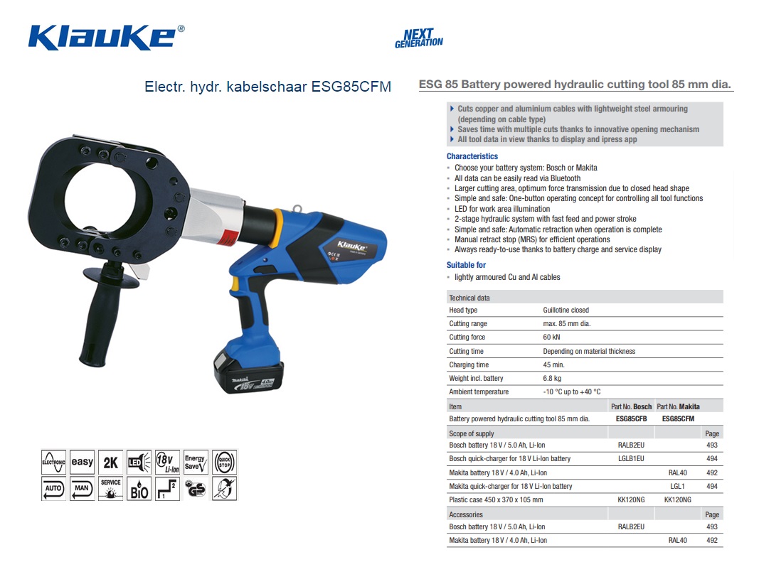 Klauke Electrisch hydraulische kabelschaar ESG85CFM