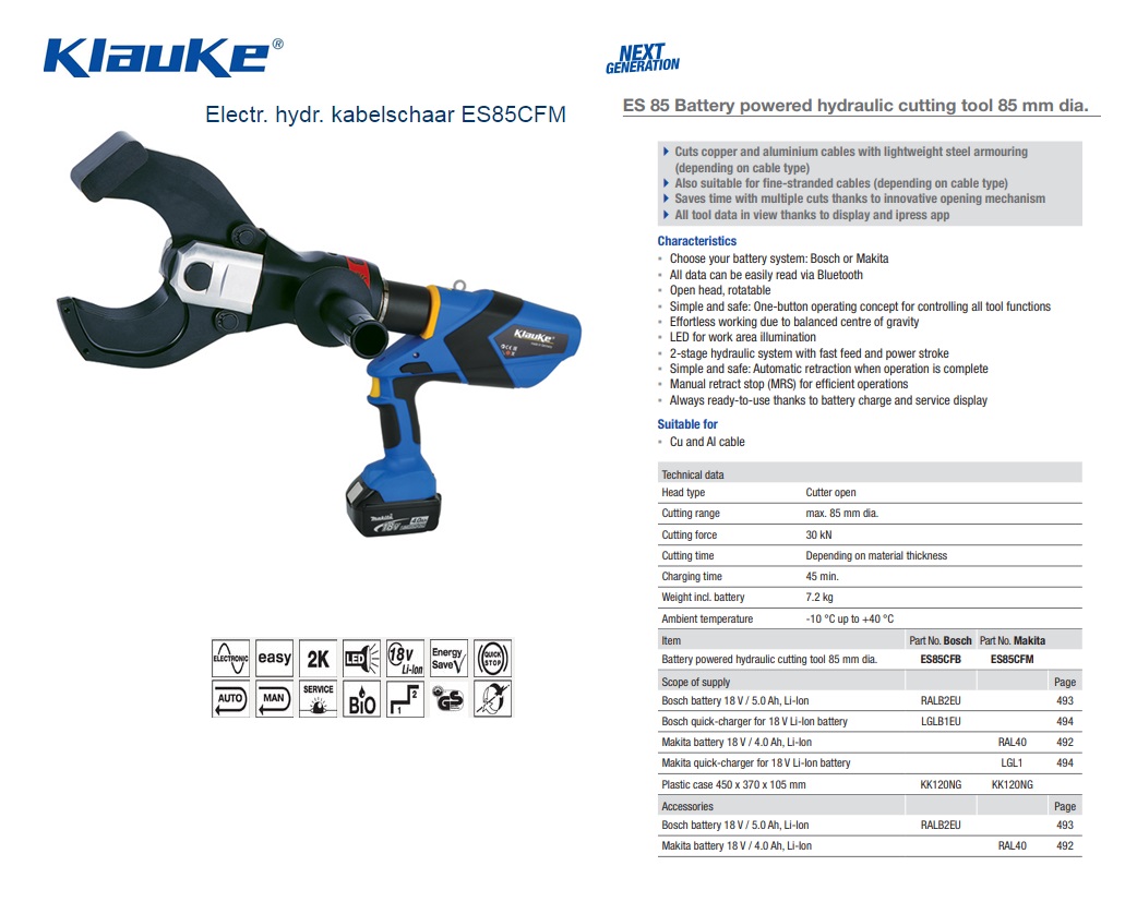 Klauke Electrisch hydraulische kabelschaar ES85CFM