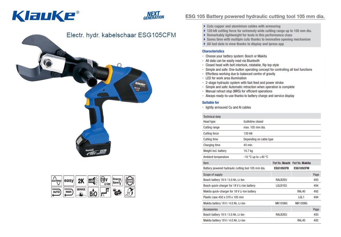 Klauke Electrisch hydraulische kabelschaar ESG105CFM