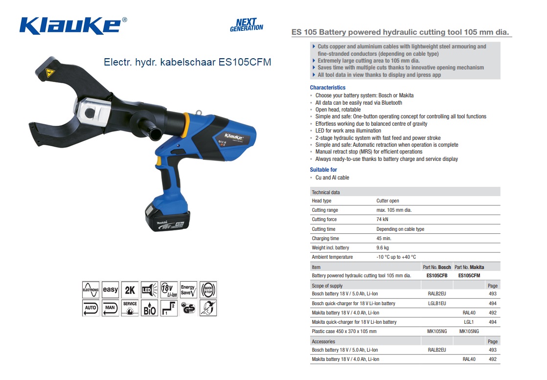 Klauke Electrisch hydraulische kabelschaar ES105CFM