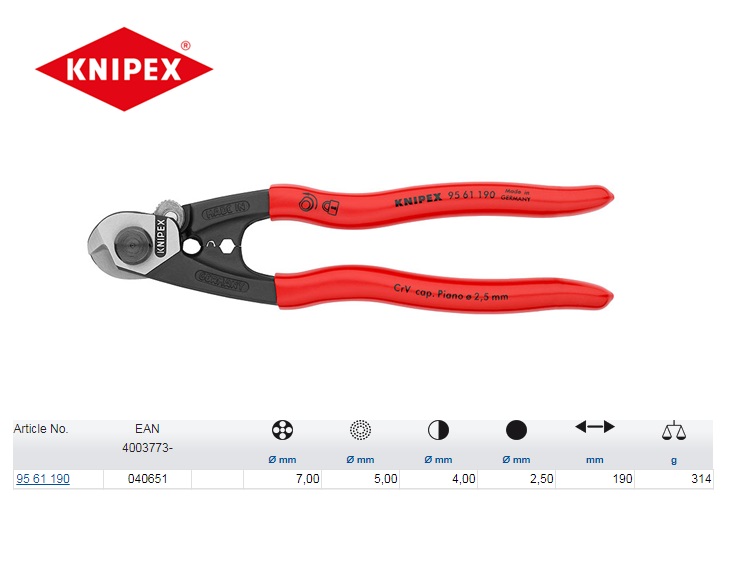 Knipex Staaldraadschaar 190mm 95 62 190 T | DKMTools - DKM Tools