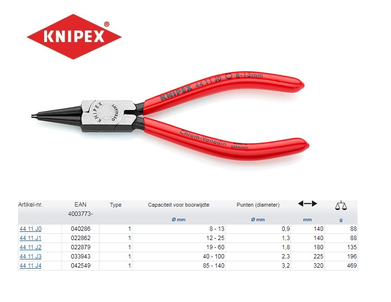 Borgveertang J 0 ,8-13mm Knipex 44 11 J0 Knipex KNIPEX