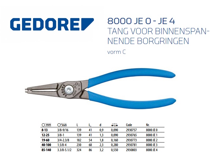 Tang voor binnenspannende borgringen, recht 8-13 mm