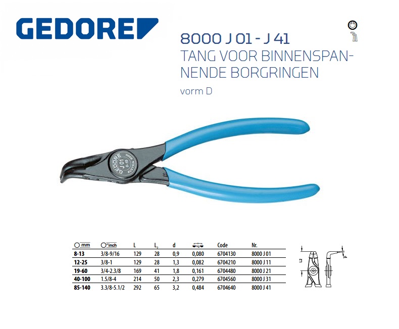 Tang voor binnenspannende borgringen, gebogen, 8-13 mm