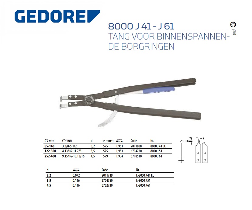 Tang voor binnenspannende borgringen, gebogen, 85-140 mm