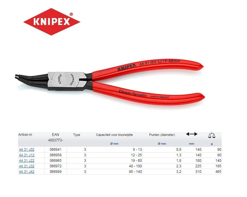 Borgveertang 45° gebogen punten J 8-13mm Knipex 44 31 J02