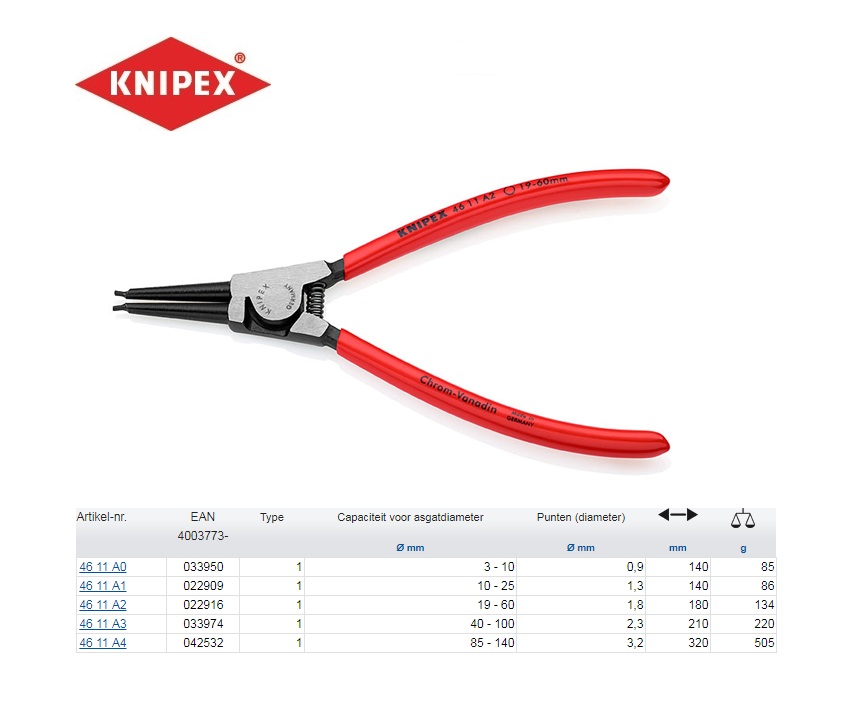 Borgveertang A 0 3- 10 mm, Knipex 46 11 A0