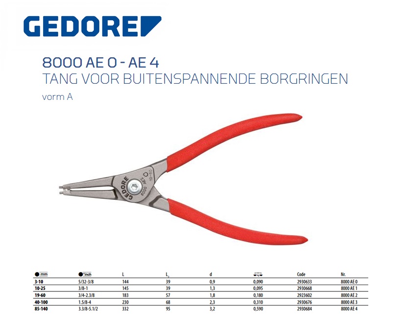 Tang voor buitenspannende borgringen, recht, 3-10 mm