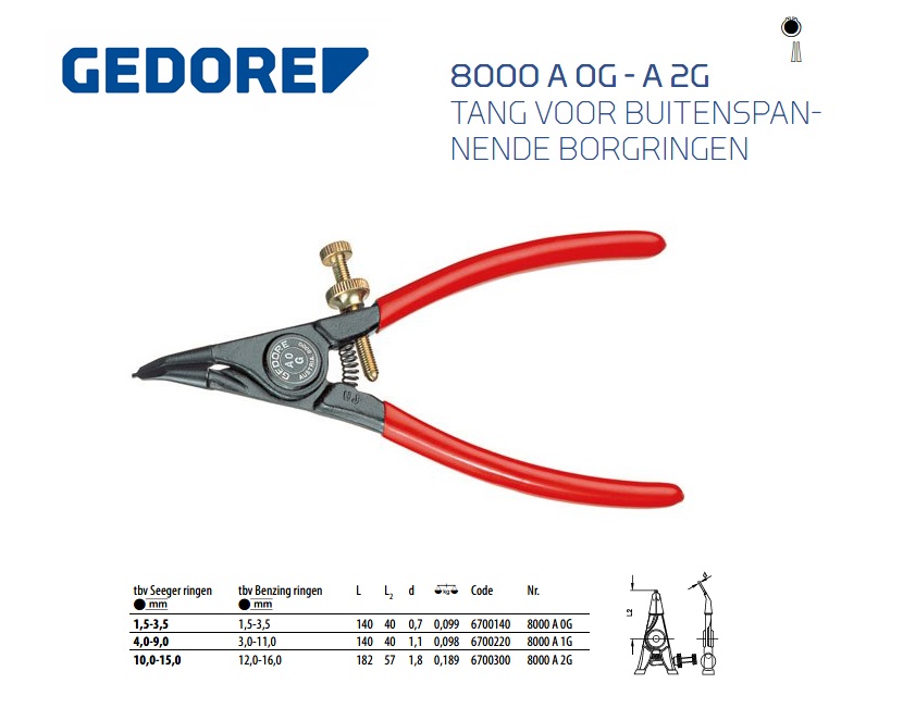 Tang voor buitenspannende borgringen, gebogen, 1,5-3,5 mm