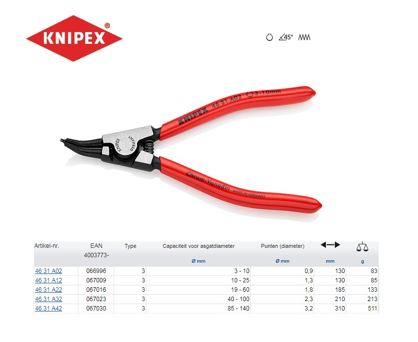 Borgveertang A 3-10mm 45 gr gebogen ,Knipex 46 31 A02