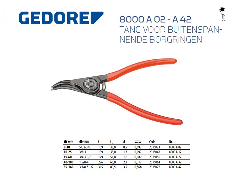 Tang voor buitenspannende borgringen 45° gebogen 3-10 mm