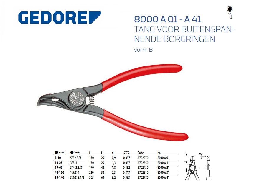 Tang voor buitenspannende borgringen, gebogen, 3-10 mm