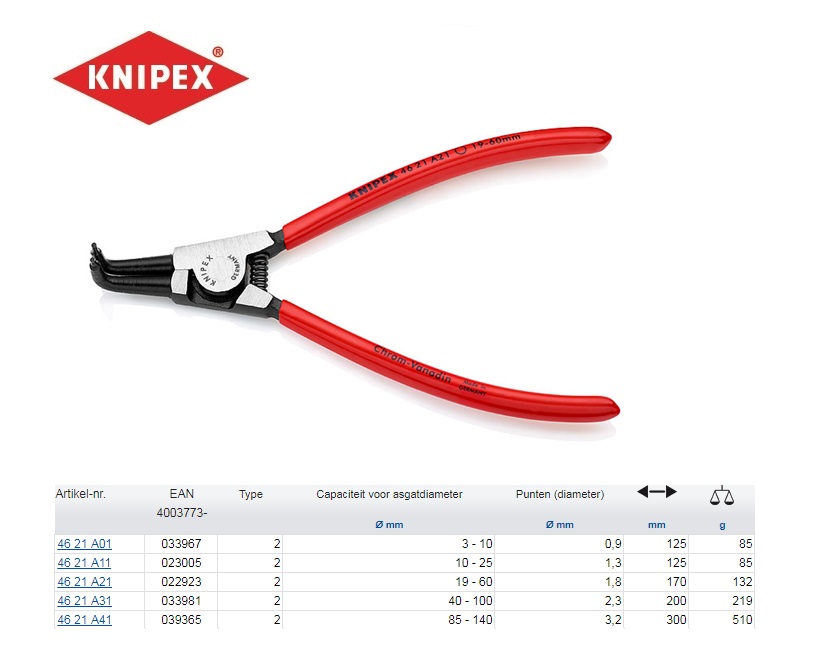 Borgveertang A 01 3-10mm Knipex 46 21 A01