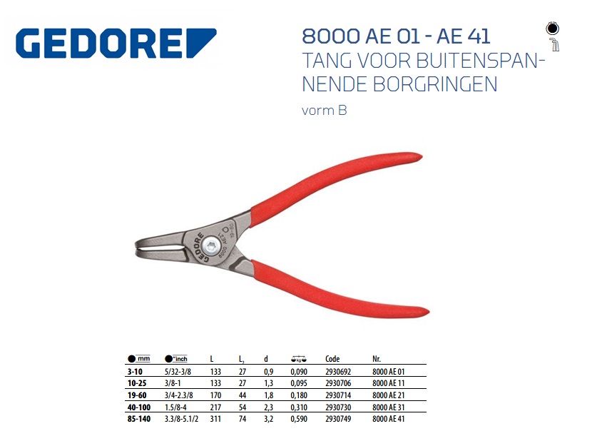 Tang voor buitenspannende borgringen, gebogen, 3-10 mm