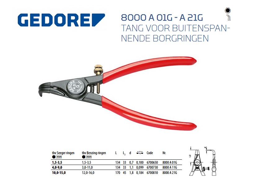 Tang voor buitenspannende borgringen, gebogen, 1,5-3,5 mm