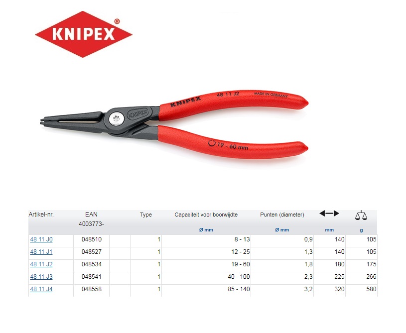Precisie-zekeringsringtang binnenring  90 J01 8-13mm, Knipex 48 21 J01 | DKMTools - DKM Tools