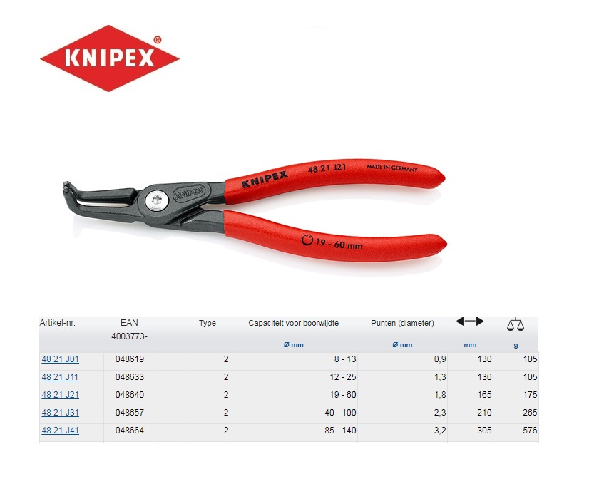 Precisie-zekeringsringtang binnenring 90 J01 8-13mm, Knipex 48 21 J01