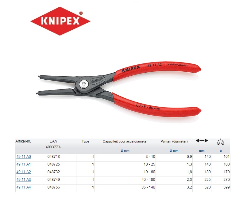 Precisie-zekeringsringtang buitenring A 0 3-10 mm, Knipex 49 11 A0