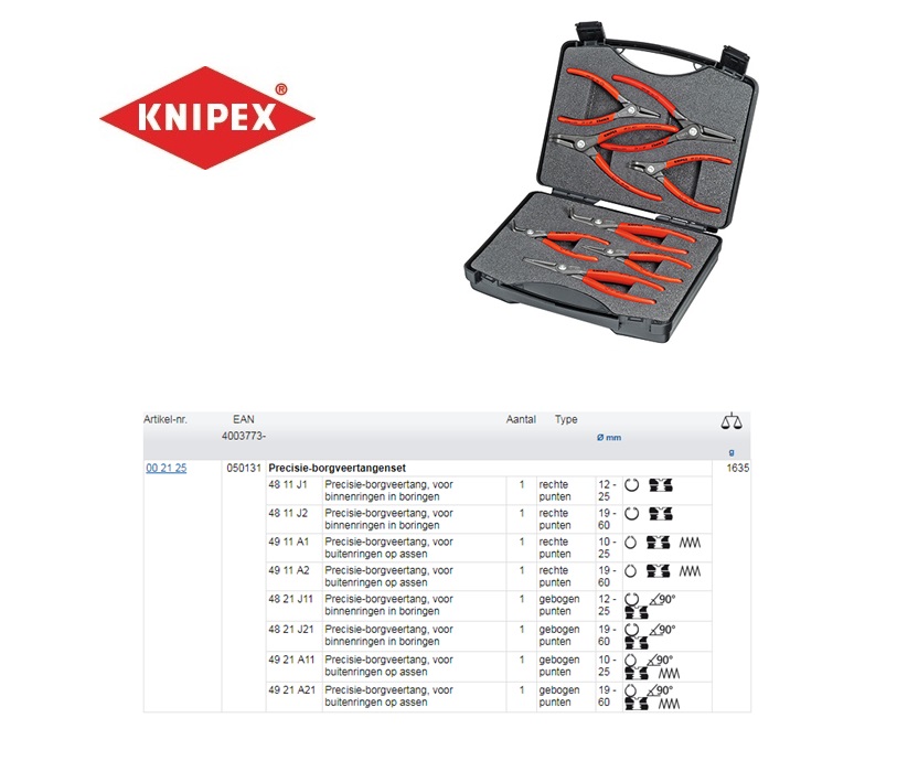 Precisie-borgveertangenset 8-delig Knipex 00 21 25