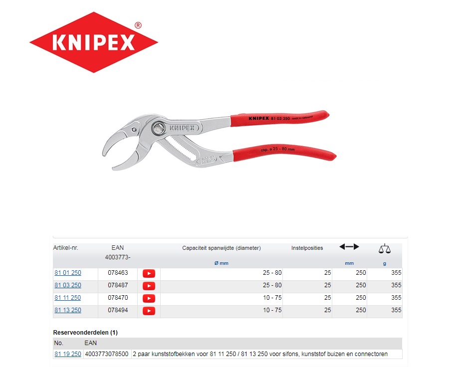 Sifon- en connectortang Knipex 81 23 250 | DKMTools - DKM Tools